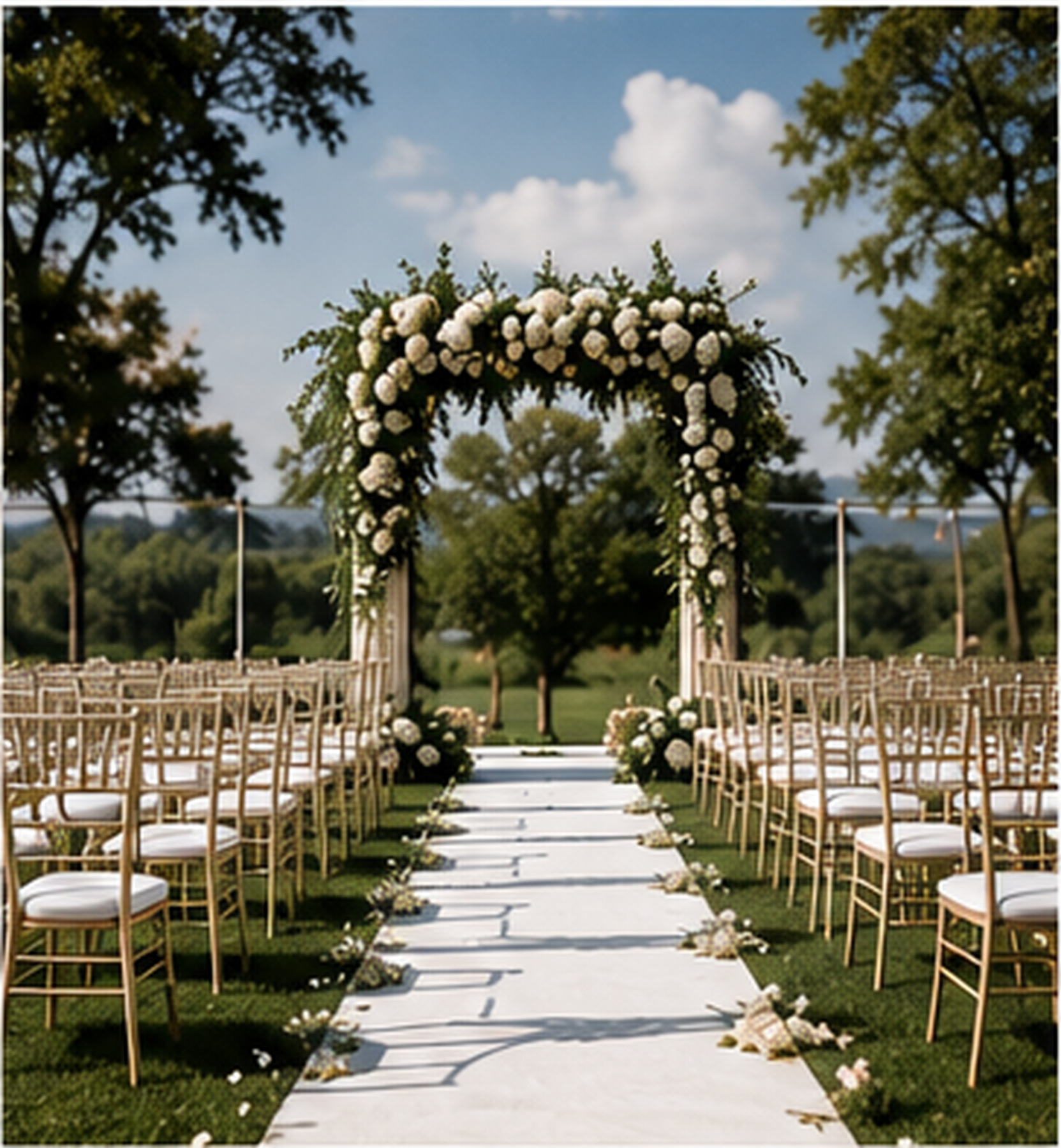 Elegant outdoor wedding ceremony aisle with floral arch